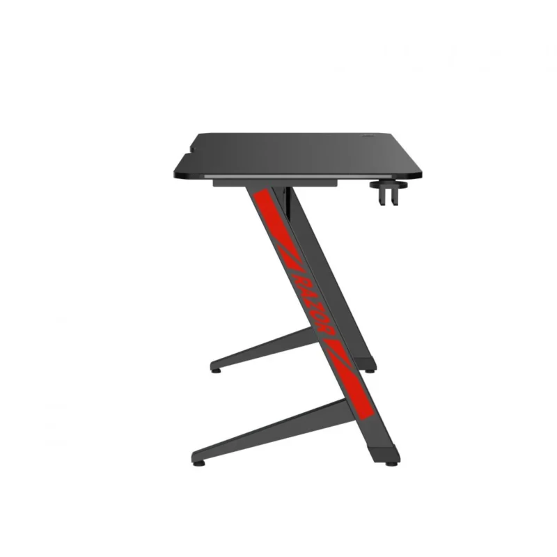 Birou Gaming Serioux Razor cu LED RGB, Material: MDF și melamină, plastic, oțel, Dimensiuni birou 1200x600x750mm, Dimensiuni blat (LxlxA) 1200x600x15mm, Greutate suportata 75kg, Iluminare ambientală LED cu gradient multicolor, Culoare: negru mat și roșu mat