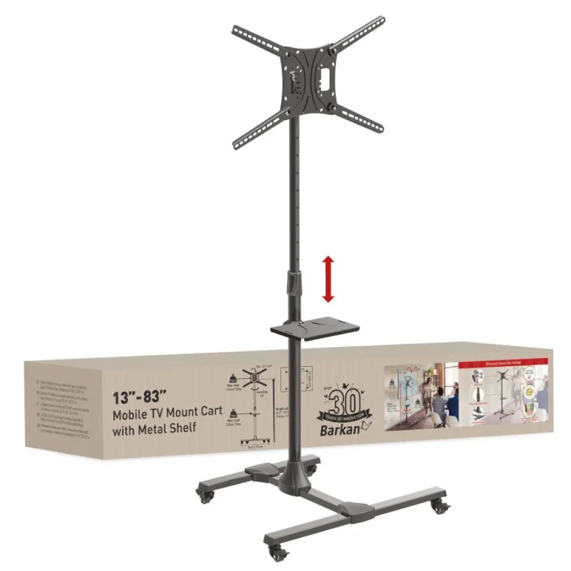 Suport Mobil de podea pentru TV plat/curbat Barkan + raft metal pentru laptop, 32" - 86", VESA 600x400mm, suporta pana la 50kg, Negru