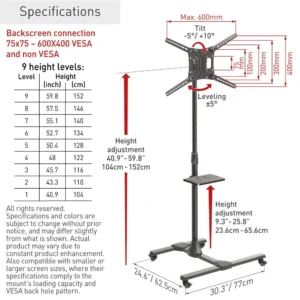 Suport Mobil de podea pentru TV plat/curbat Barkan + raft metal pentru laptop, 32" - 86", VESA 600x400mm, suporta pana la 50kg, Negru
