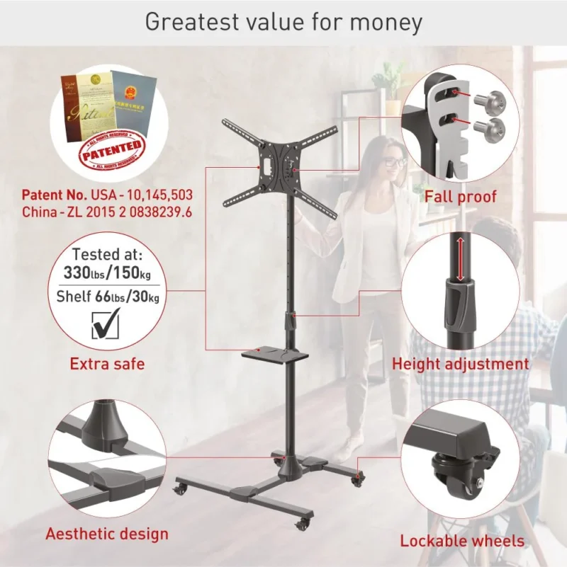 Suport Mobil de podea pentru TV plat/curbat Barkan + raft metal pentru laptop, 32" - 86", VESA 600x400mm, suporta pana la 50kg, Negru