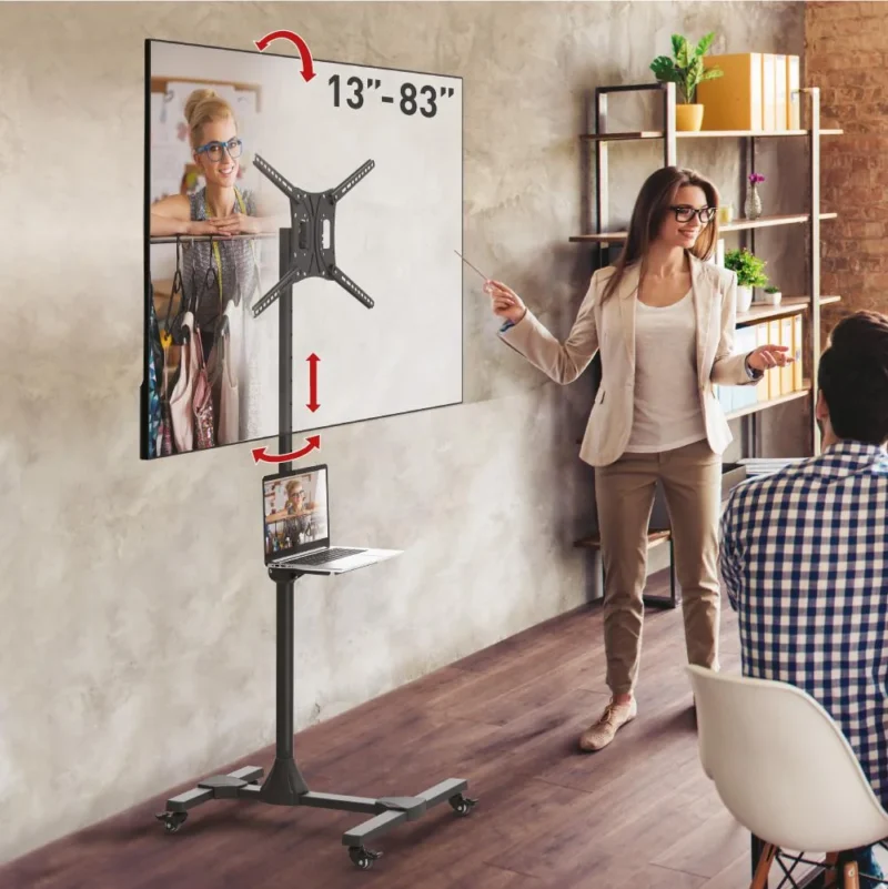 Suport Mobil de podea pentru TV plat/curbat Barkan + raft metal pentru laptop, 32" - 86", VESA 600x400mm, suporta pana la 50kg, Negru