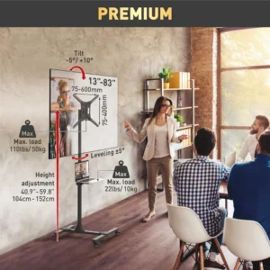 Suport Mobil de podea pentru TV plat/curbat Barkan + raft metal pentru laptop, 32" - 86", VESA 600x400mm, suporta pana la 50kg, Negru