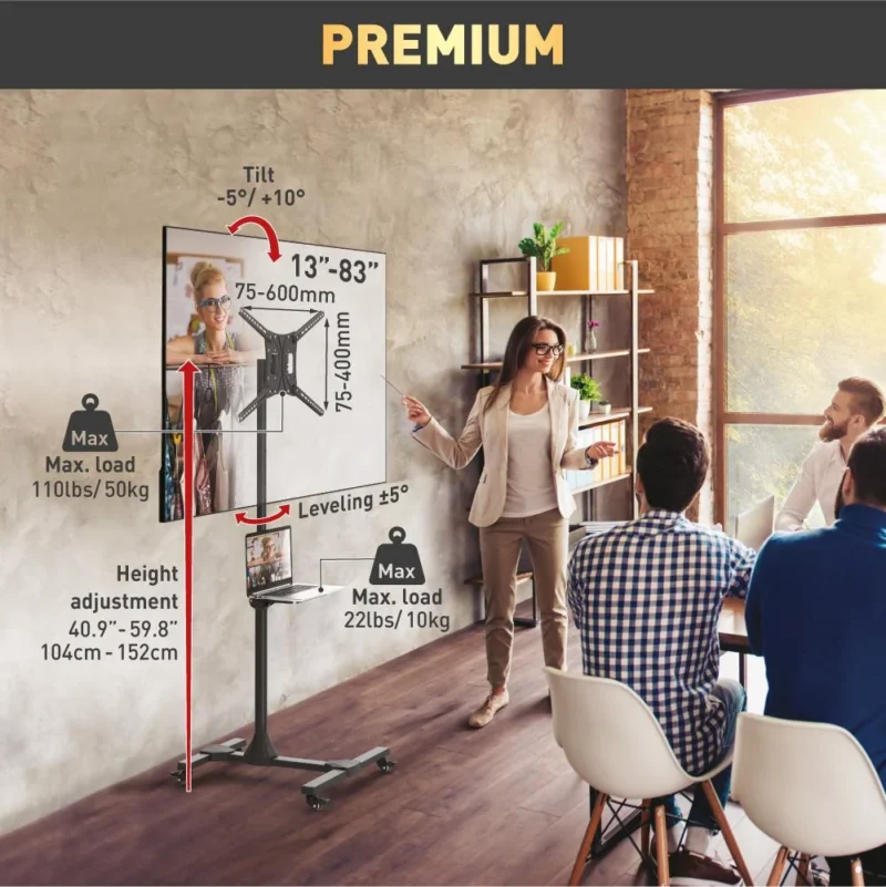 Suport Mobil de podea pentru TV plat/curbat Barkan + raft metal pentru laptop, 32" - 86", VESA 600x400mm, suporta pana la 50kg, Negru