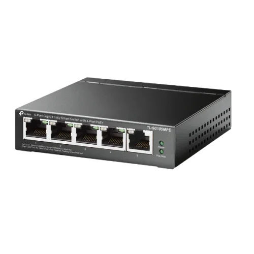 "5-Port Gigabit Easy Smart Switch with 4-Port PoE+ PORT: 4× Gigabit PoE+ Ports, 1× Gigabit Non-PoE Ports SPEC: 802.3af/at, 120 W PoE Power, Desktop Steel Case FEATURE: PoE Auto Recovery, MTU/Port/Tag-based VLAN, QoS, IGMP Snooping, Web/Utility Management, Plug and Play"