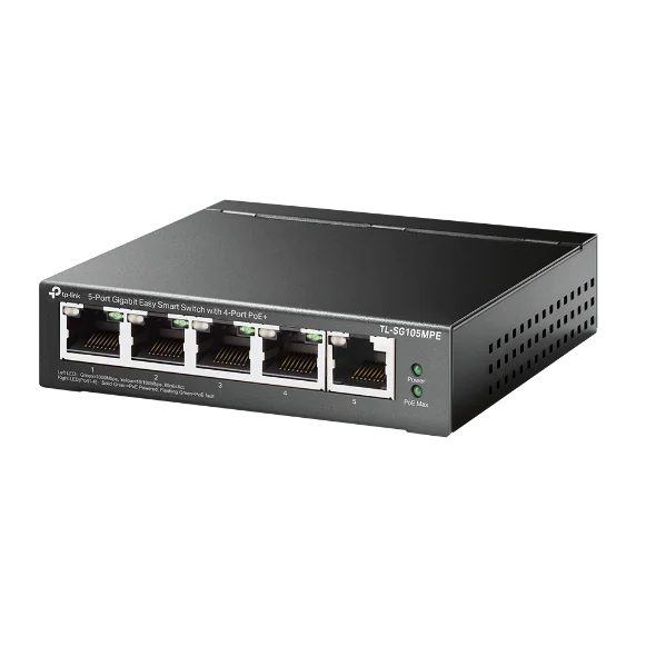 "5-Port Gigabit Easy Smart Switch with 4-Port PoE+ PORT: 4× Gigabit PoE+ Ports, 1× Gigabit Non-PoE Ports SPEC: 802.3af/at, 120 W PoE Power, Desktop Steel Case FEATURE: PoE Auto Recovery, MTU/Port/Tag-based VLAN, QoS, IGMP Snooping, Web/Utility Management, Plug and Play"