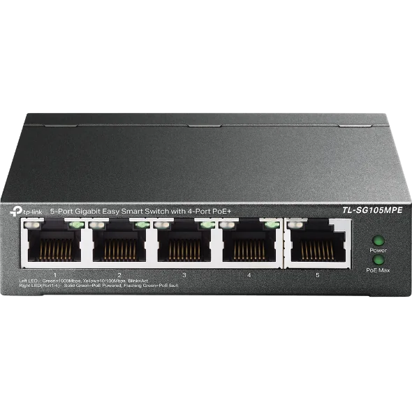 "5-Port Gigabit Easy Smart Switch with 4-Port PoE+ PORT: 4× Gigabit PoE+ Ports, 1× Gigabit Non-PoE Ports SPEC: 802.3af/at, 120 W PoE Power, Desktop Steel Case FEATURE: PoE Auto Recovery, MTU/Port/Tag-based VLAN, QoS, IGMP Snooping, Web/Utility Management, Plug and Play"