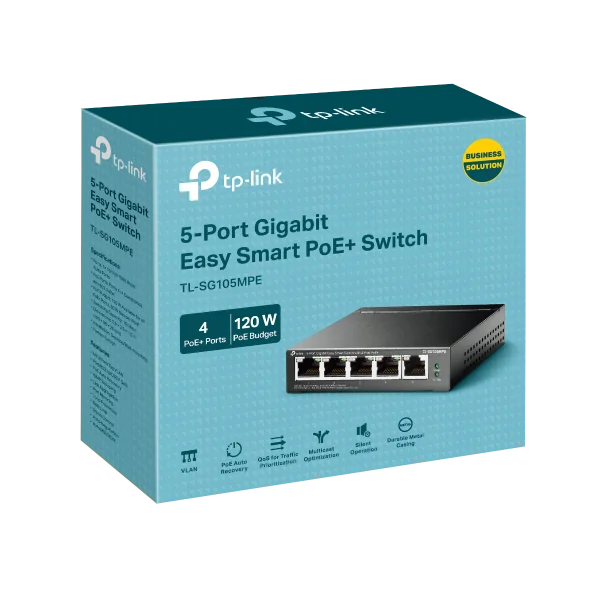 "5-Port Gigabit Easy Smart Switch with 4-Port PoE+ PORT: 4× Gigabit PoE+ Ports, 1× Gigabit Non-PoE Ports SPEC: 802.3af/at, 120 W PoE Power, Desktop Steel Case FEATURE: PoE Auto Recovery, MTU/Port/Tag-based VLAN, QoS, IGMP Snooping, Web/Utility Management, Plug and Play"