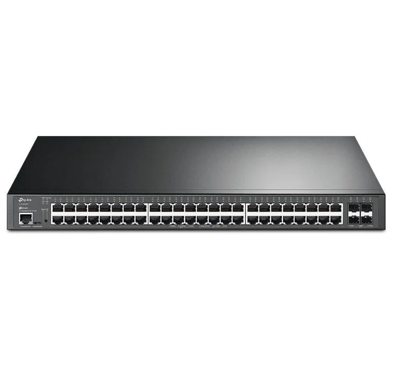 "JetStream™ 48-Port Gigabit and 4-Port 10GE SFP+ L2+ Managed Switch with 48-Port PoE+ PORT: 48× Gigabit PoE+ Ports, 4× 10G SFP+ Slots, RJ45/Micro-USB Console Port SPEC: 802.3at/af, 500 W PoE Power, 1U 19-inch Rack-mountable Steel Case FEATURE: Integration with JetStream™ SDN Controller,Static