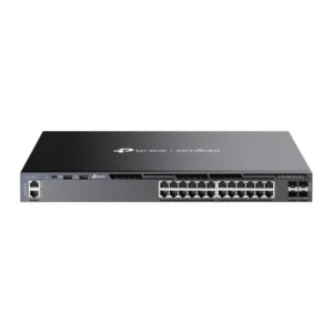 Omada 24-Port Gigabit Stackable L3 Managed Switch with 4 10GE SFP+ Slots PORT: 24× Gigabit RJ45 Ports, 4× 10G SFP+ Slots, RJ45/Type C USB Console Port, Management Port, 2× USB2.0 Ports SPEC: 1U 19-inch Rack-mountable Steel Case FEATURE: Integration with Omada SDN Controller, Stacking, RIP, OSPF