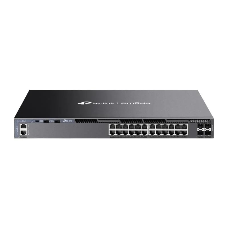Omada 24-Port Gigabit Stackable L3 Managed Switch with 4 10GE SFP+ Slots PORT: 24× Gigabit RJ45 Ports, 4× 10G SFP+ Slots, RJ45/Type C USB Console Port, Management Port, 2× USB2.0 Ports SPEC: 1U 19-inch Rack-mountable Steel Case FEATURE: Integration with Omada SDN Controller, Stacking, RIP, OSPF