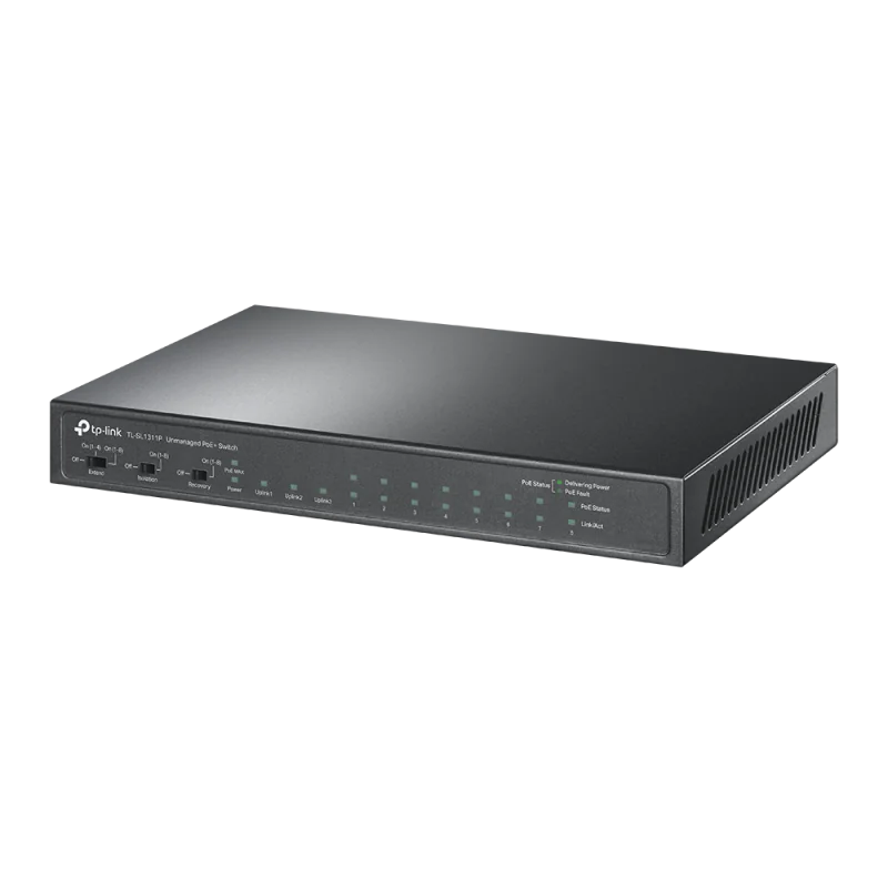 8-Port 10/100Mbps + 3-Port Gigabit Desktop Switch with 8-Port PoE+ PORT: 8× 10/100 Mbps PoE+ Ports, 2× Gigabit Non-PoE Ports, 1× Gigabit SFP Slots SPEC: 802.3at/af, 65 W PoE Power, Desktop Steel Case FEATURE: Extend Mode for 250m PoE Transmitting, Isolation Mode, PoE Auto Recovery, Plug and Play