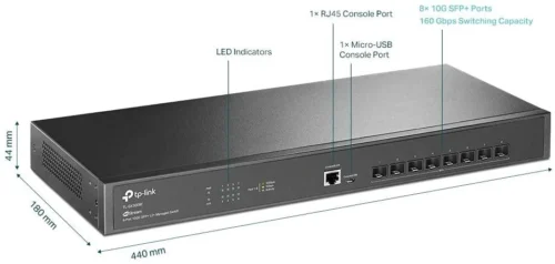 "JetStream™ 8-Port 10GE SFP+ L2+ Managed Switch PORT: 8× 10G SFP+ Slots, RJ45/Micro-USB Console Port SPEC: 1U 19-inch Rack-mountable Steel Case FEATURE: Integration with JetStream™ SDN Controller, Static Routing, OAM, sFlow, DDM, 802.1Q VLAN, QinQ, STP/RSTP/MSTP, IGMP Snooping, 802.1p/DSCP, QoS
