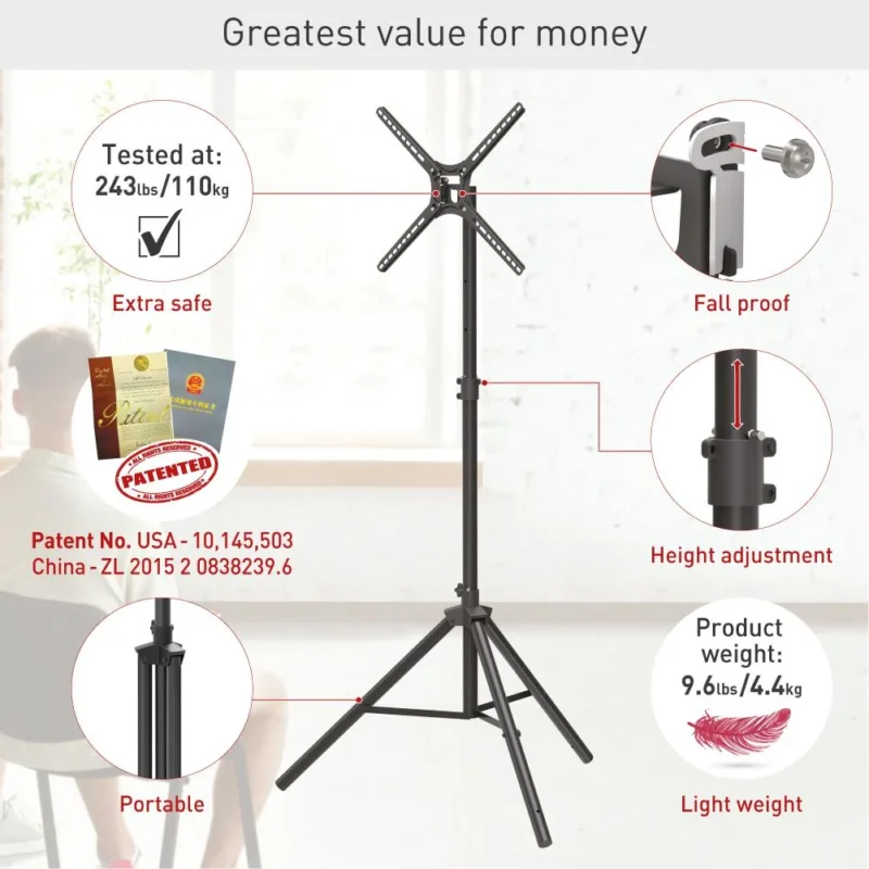 Suport tripod portabil de podea pentru TV plat/curbat Barkan, 13" - 65", VESA 400x400mm, Max 110kg, Negru