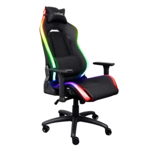 Scaun gaming Trust GXT 719 Ruya, iluminare RGB, 5 roti, ridicare pe gaz clasa 4, adjustabil pe inaltime, material piele PU si plastic, greutate maxima suportata 150 kg, negru