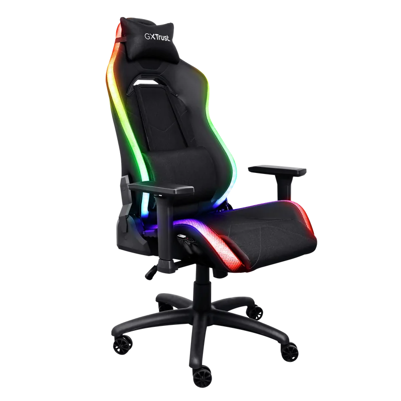 Scaun gaming Trust GXT 719 Ruya, iluminare RGB, 5 roti, ridicare pe gaz clasa 4, adjustabil pe inaltime, material piele PU si plastic, greutate maxima suportata 150 kg, negru