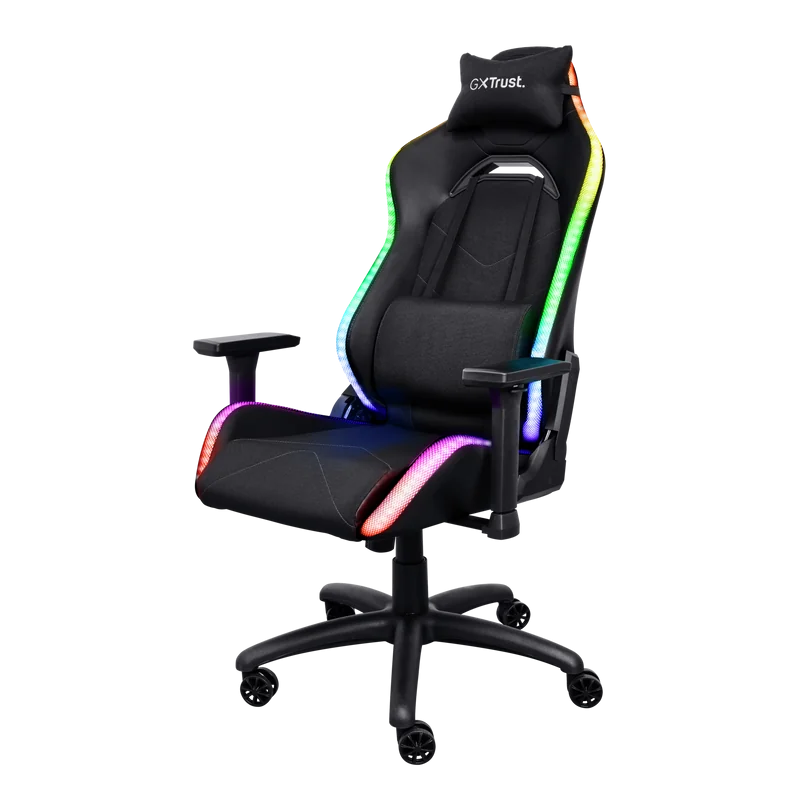 Scaun gaming Trust GXT 719 Ruya, iluminare RGB, 5 roti, ridicare pe gaz clasa 4, adjustabil pe inaltime, material piele PU si plastic, greutate maxima suportata 150 kg, negru