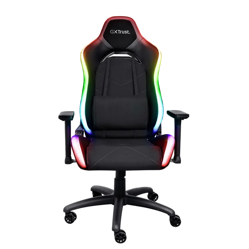 Scaun gaming Trust GXT 719 Ruya, iluminare RGB, 5 roti, ridicare pe gaz clasa 4, adjustabil pe inaltime, material piele PU si plastic, greutate maxima suportata 150 kg, negru