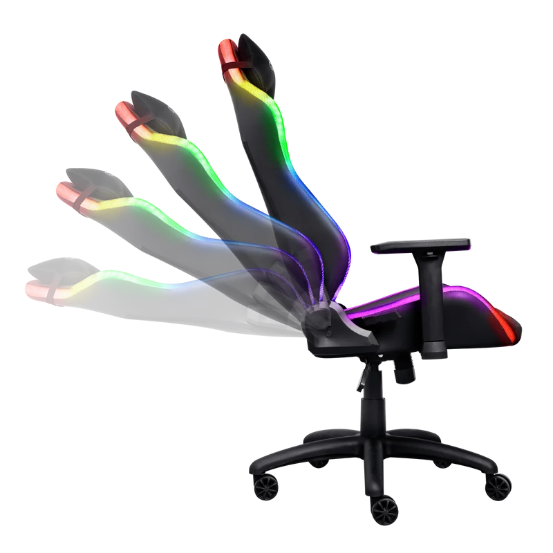 Scaun gaming Trust GXT 719 Ruya, iluminare RGB, 5 roti, ridicare pe gaz clasa 4, adjustabil pe inaltime, material piele PU si plastic, greutate maxima suportata 150 kg, negru