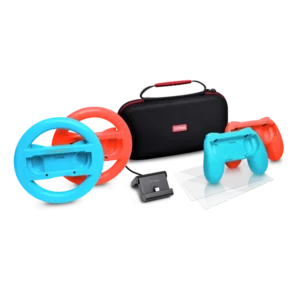 Pachet accesorii Trust pentru conosola Nintendo Switch, pachetul contine: husa de transport, 2 x prinderi Joy-Con, 2 x volan, sticla securizata pentru Switch, sticla securizata pentru Switch OLED, stand de incarcare, cablu USB-C-A, manual de utilizator