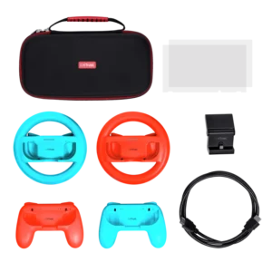 Pachet accesorii Trust pentru conosola Nintendo Switch, pachetul contine: husa de transport, 2 x prinderi Joy-Con, 2 x volan, sticla securizata pentru Switch, sticla securizata pentru Switch OLED, stand de incarcare, cablu USB-C-A, manual de utilizator