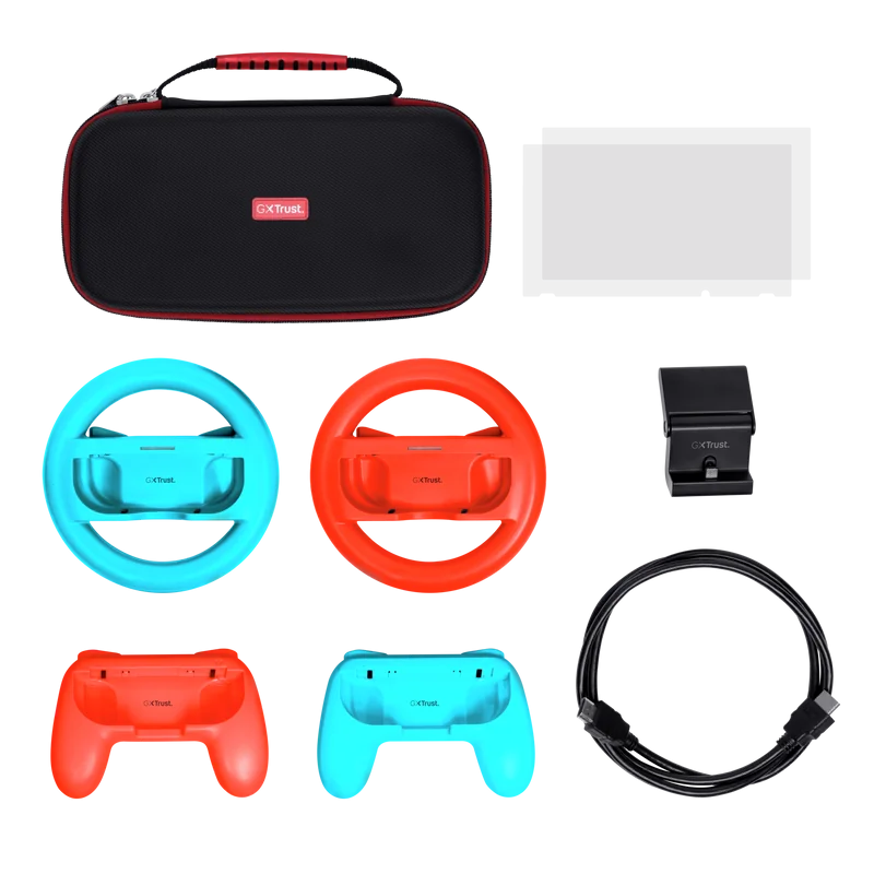Pachet accesorii Trust pentru conosola Nintendo Switch, pachetul contine: husa de transport, 2 x prinderi Joy-Con, 2 x volan, sticla securizata pentru Switch, sticla securizata pentru Switch OLED, stand de incarcare, cablu USB-C-A, manual de utilizator