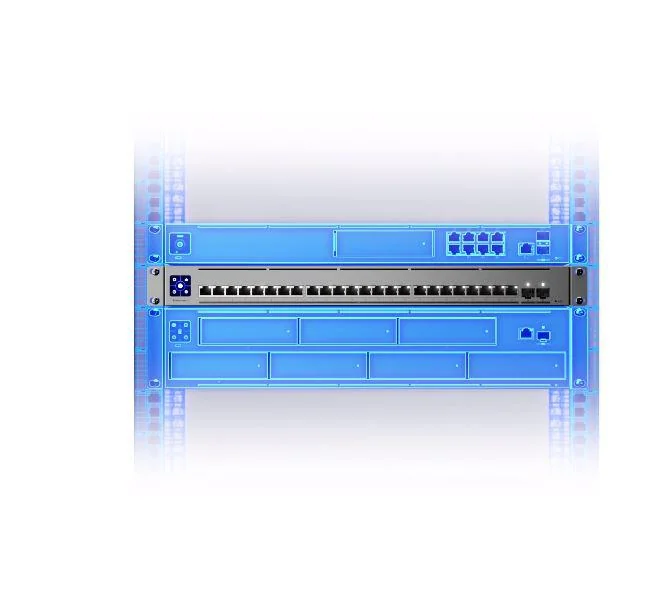 Ubiquiti UniFi Switch, USW-ENTERPRISE-24, interfata:  24 x 10GbE RJ45, 2 x 25G SFP28, SMB Layer 3 Gigabit Ethernet switch,  Switching capacity: 580 Gbps, Forwarding rate: 431.52 Mpps, Consum: 100W, 1.3" LCM color touchscreen.