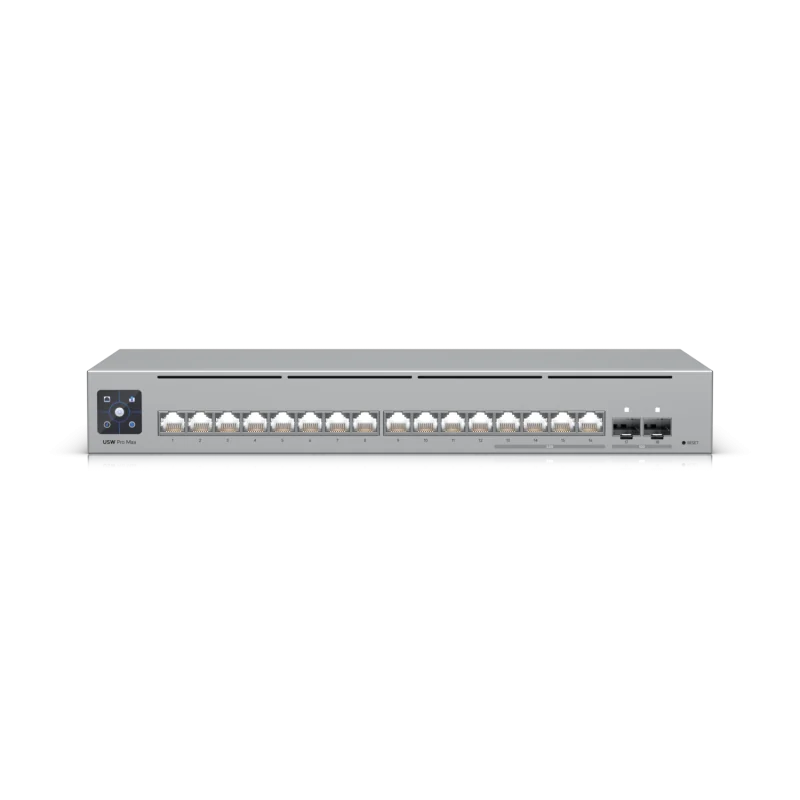 USW-PRO-MAX-16_01 Switch Ubiquiti, interfata (12) porturi GbE RJ45, (4) porturi 1/2.5 GbE RJ45, (2) porturi 10G SFP+, rata de transmitere 62,496 Mppsm, sursa alimentare 5V, 25W, caracteristici DHCP pentru rețele administrate local, Reluare DHCP, Rutare inter-VLAN între rețele pe același switch, Rutare statică între