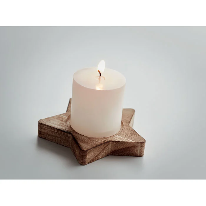 Bază decorativă din lemn în formă de stea și lumânare cu parfum de vanilie Lotus