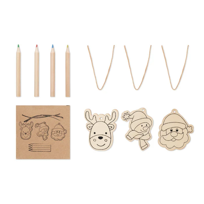 Set de 3 ornamente de Crăciun din lemn cu 4 creioane de colorat Funcool