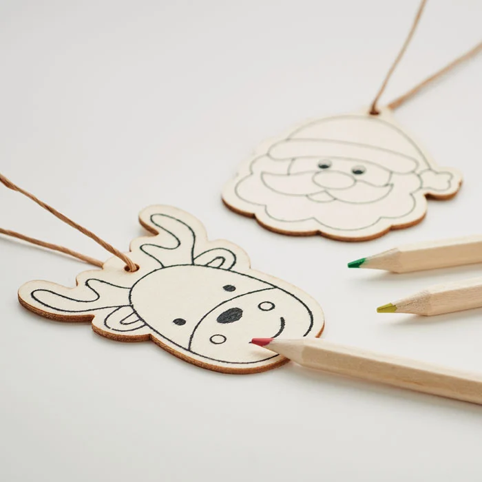 Set de 3 ornamente de Crăciun din lemn cu 4 creioane de colorat Funcool