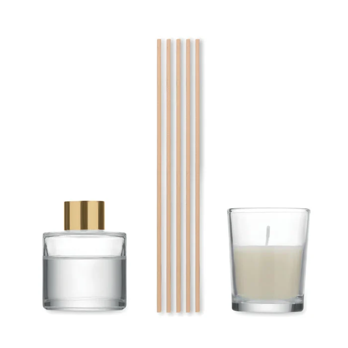 Difuzor de parfum din sticlă 40 ml cu 5 bețișoare stuf și lumânare din ceară Gingle