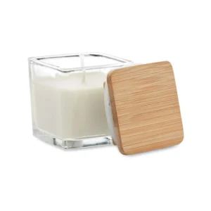 Lumânare de ceară parfumată pe bază de plante în suport de sticlă pătrată cu capac Pila