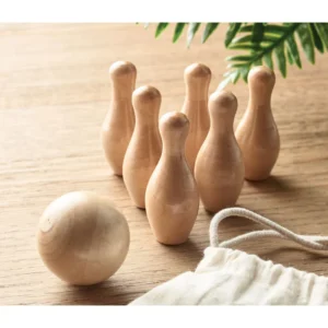 Mini set de bowling din lemn de pin, prezentat în săculeț din bumbac cu cordon Bolito