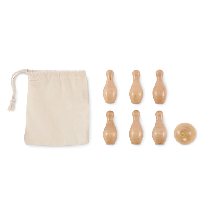 Mini set de bowling din lemn de pin, prezentat în săculeț din bumbac cu cordon Bolito
