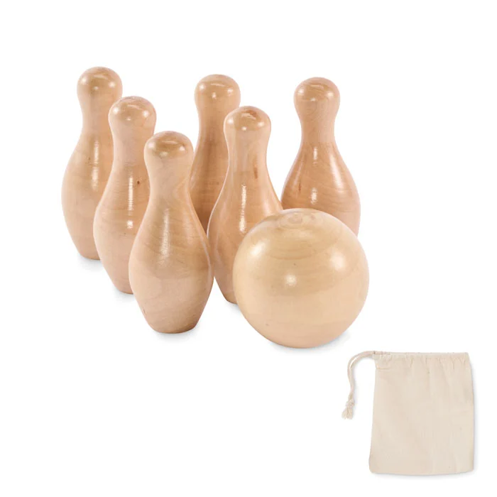 Mini set de bowling din lemn de pin, prezentat în săculeț din bumbac cu cordon Bolito