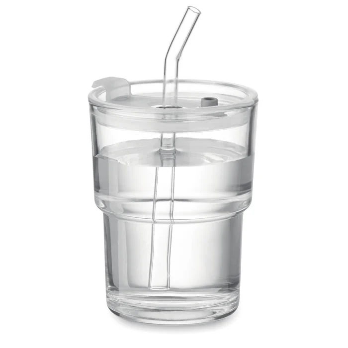 Pahar de sticlă cu capac, inclusiv pai de sticlă detașabil Sip