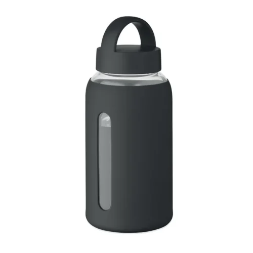 Recipient din sticlă borosilicată înalt cu manșon din silicon și capac din PP Boris