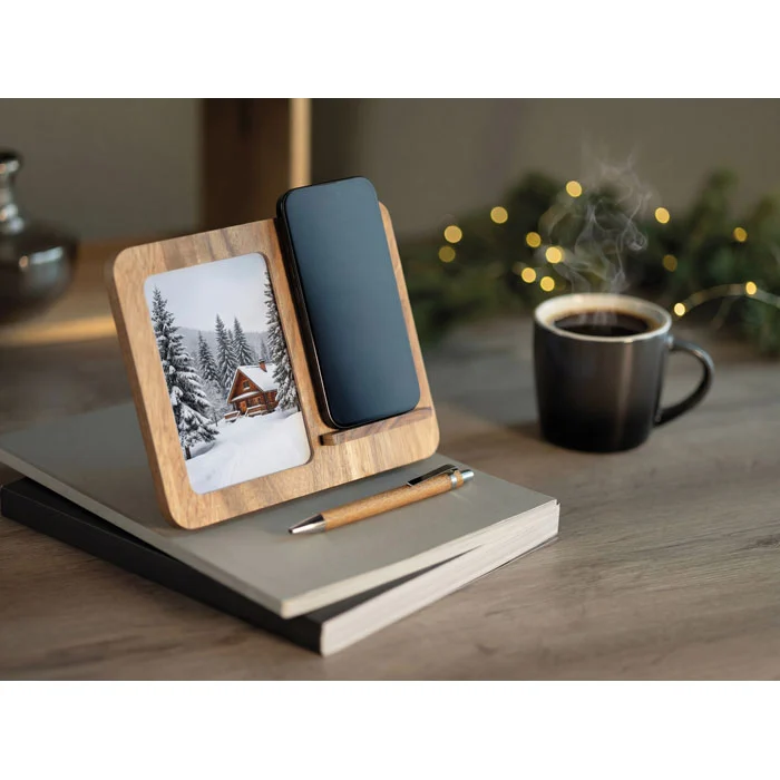 Încărcător wireless 15 W din lemn de salcâm cu ramă foto și suport Finwood