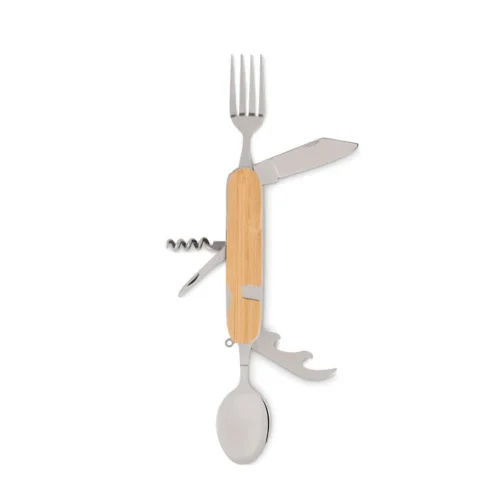 Set de tacâmuri de camping pliabile multifuncționale din metal în carcasă de lemn Subete