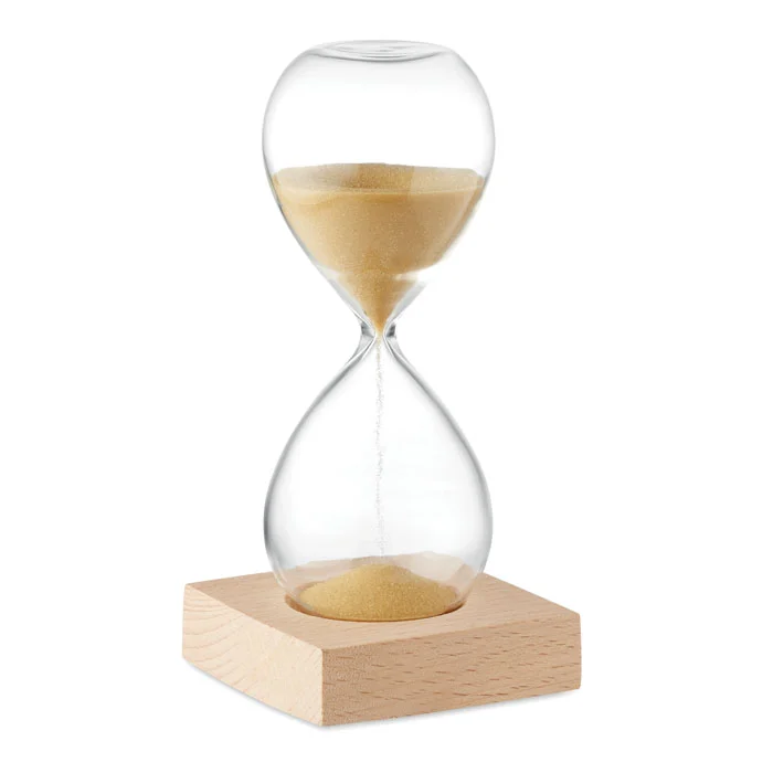 Clepsidră de 5 minute realizată din sticlă borosilicată cu bază din lemn de fag Desert