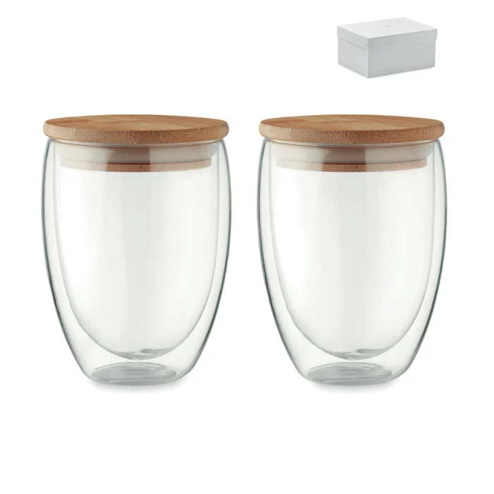 Set de sticlă borosilicata cu perete dublu și capac din bambus cu inel Tirana Set
