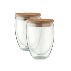 Set de sticlă borosilicata cu perete dublu și capac din bambus cu inel Tirana Set