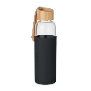mo6845-03-08017206ee Recipient din sticlă cu husă din silicon și capac bambus cu agătătoare din bumbac Chai