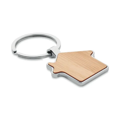 Breloc cu formă de casă, din aliaj de zinc cu față din bambus Burnie