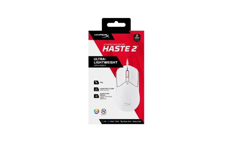 Mouse Gaming Cu fir HyperX Pulsefire Haste, 26000 DPI, Alb