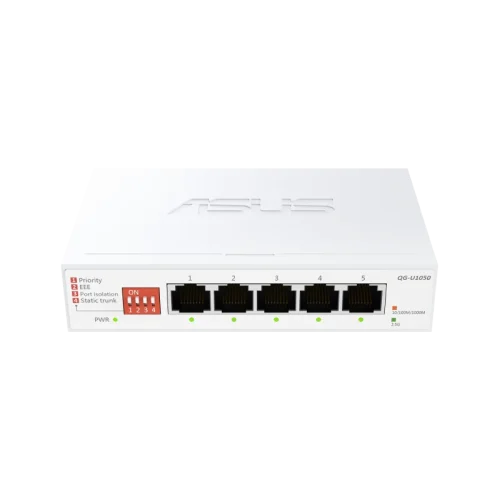 ASUS QG-U1050. Switch type: Unmanaged. Basic switching RJ-45 Ethernet ports type: 2.5G Ethernet (100/1000/2500), Basic switching RJ-45 Ethernet ports quantity: 5. MAC address table: 16000 entries. Networking standards: IEEE 802.3ab, IEEE 802.3az, IEEE 802.3bz, IEEE 802.3u, IEEE 802.3x. DC input