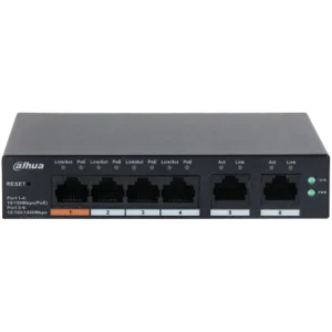 DAHUA 6 port Managed Desktop switch, CS4006-4ET-60, Interfata: Port 1-4: 4 × RJ-45 10/100 Mbps (PoE); Port 5-6: 2 × RJ-45 10/100/1000 Mbps (uplink), Managd, Layer 2, Switching Capacity: 4.8 Gbps, Packet Forwarding Rate, 3.57 Mpps, Standarde retea: IEEE802.3; IEEE802.3u; IEEE802.3x; IEEE802.3ab DAHUA 6 port Managed Desktop switch, CS4006-4ET-60, Interfata: Port 1-4: 4 × RJ-45 10/100 Mbps (PoE); Port 5-6: 2 × RJ-45 10/100/1000 Mbps (uplink), Managd, Layer 2, Switching Capacity: 4.8 Gbps, Packet Forwarding Rate, 3.57 Mpps, Standarde retea: IEEE802.3; IEEE802.3u; IEEE802.3x; IEEE802.3ab