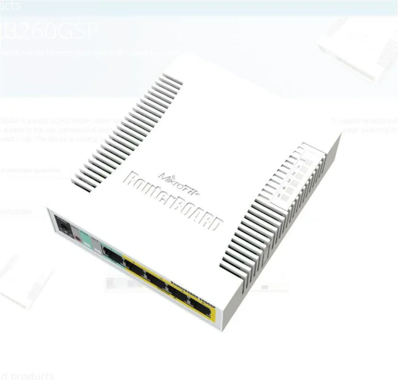MIKROTIK SMALL SOHO SWITCH RB260GSP CSS106-1G-4P-1S, 5 X GIGABIT POE, Dimensiuni: 113x139x28mm, Sistem operare: MikroTik SwOS, 128Kb Flash, Consum maxim: 53W, Porturi POE:2-5, Passive POE, 5 x 10/100/1000, 1 x SFP.