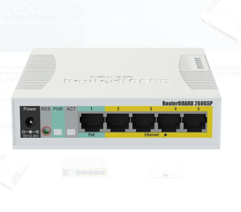 MIKROTIK SMALL SOHO SWITCH RB260GSP CSS106-1G-4P-1S, 5 X GIGABIT POE, Dimensiuni: 113x139x28mm, Sistem operare: MikroTik SwOS, 128Kb Flash, Consum maxim: 53W, Porturi POE:2-5, Passive POE, 5 x 10/100/1000, 1 x SFP.