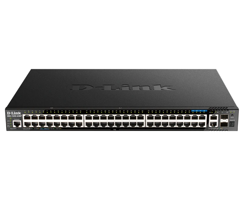 Switch D-Link DGS-1520-52MP, 48 porturi Gigabit, 2 porturi SFP+, Capacity 80Gbps, 16K MAC, 17" Rackmount, 1*fan
